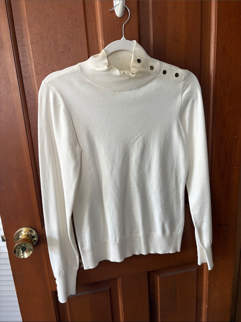 Cyrus Cream Mock Neck Button-Shoulder Sweater
